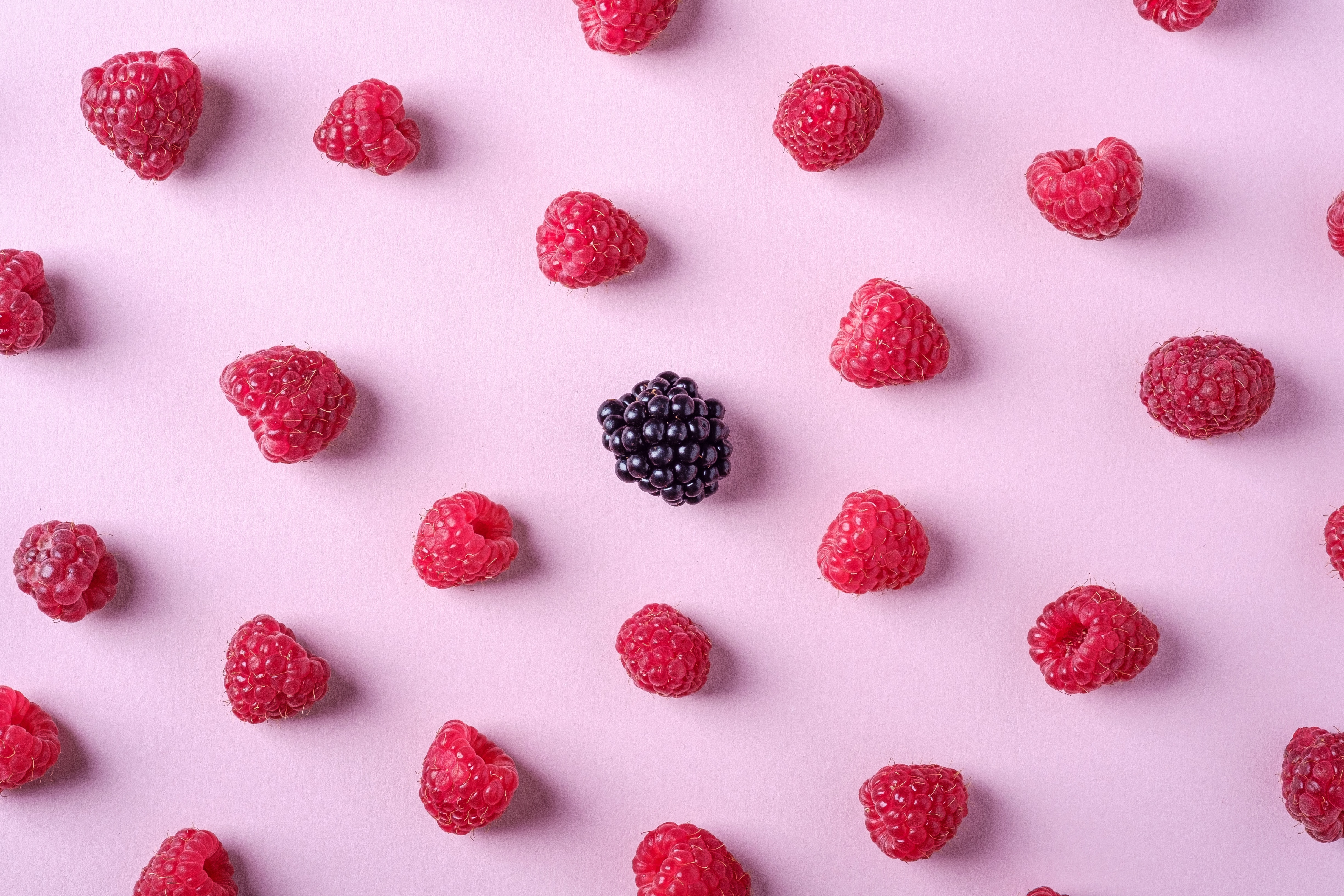 A single blackberry amongst many raspberries on pink background